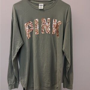 PINK Victoria's Secret Olive Green Long-Sleeve Tee with Rose Gold Sequin Logo